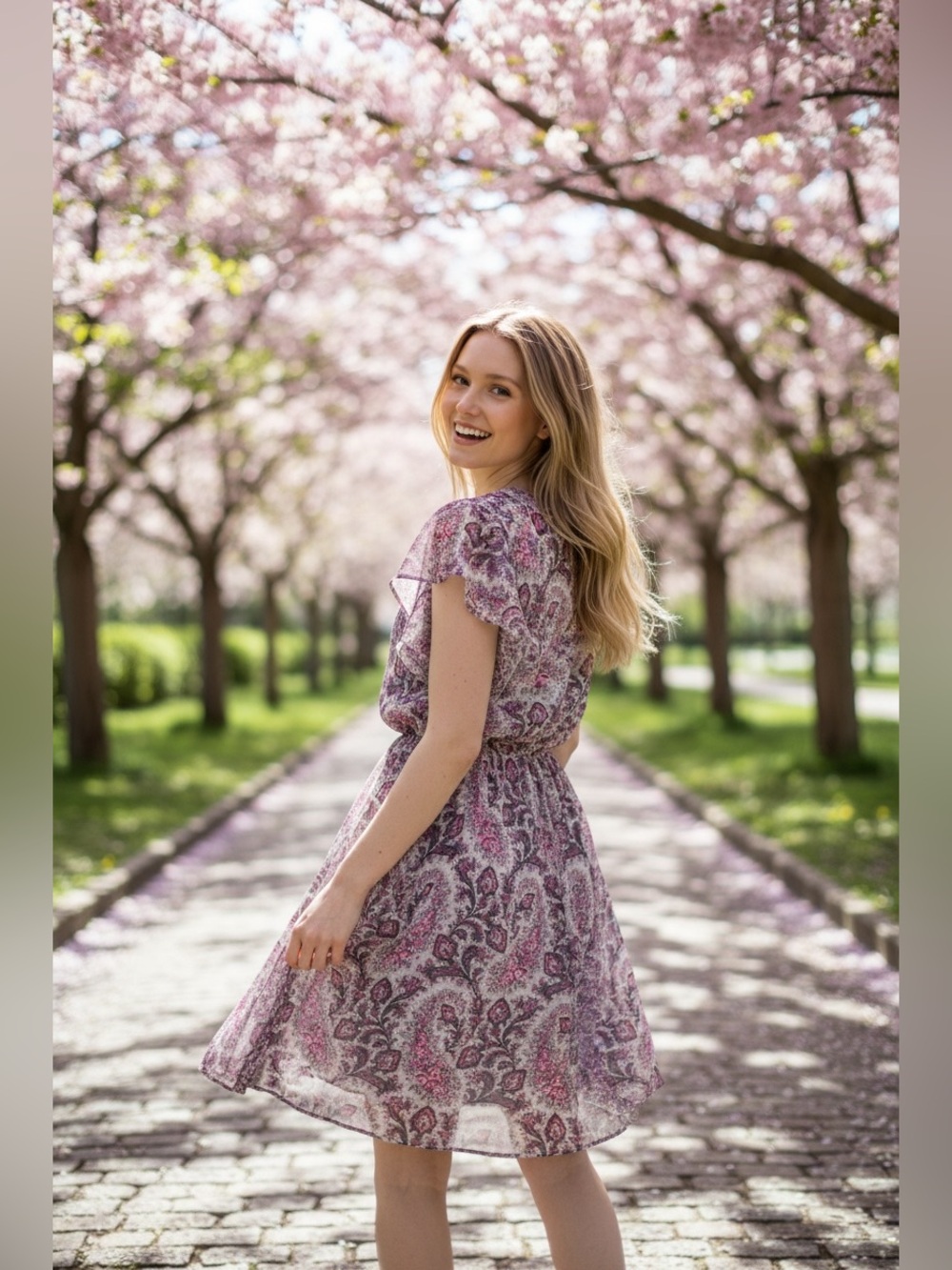 Lush Pink and Gray Paisley V-Neck Dress